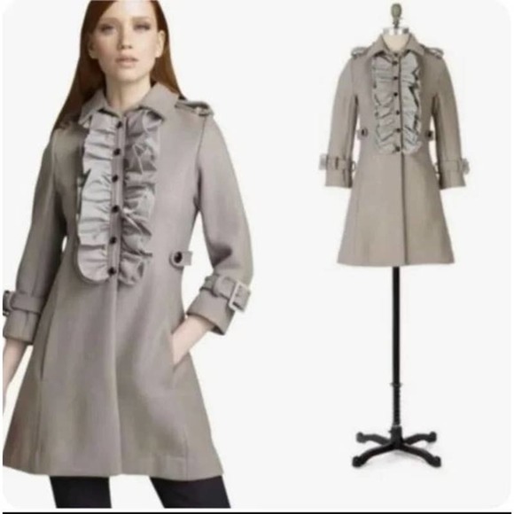 Anthropologie Manoush Womens Button Front Ruffle Wool Coat Jacket Size 2 Gray - Picture 1 of 9